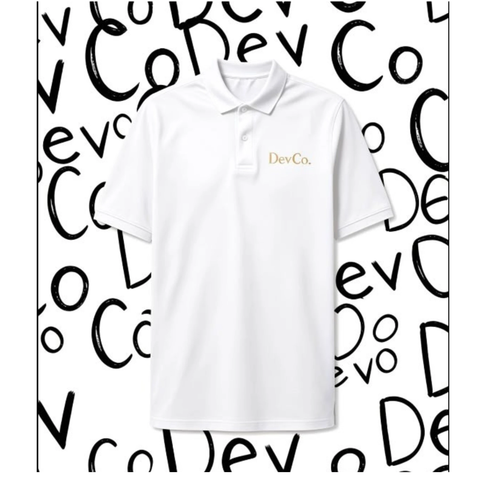 Dev co clothing white semi-fitted polo shirt made from 100% Coolplus polyester with a three-button placket.