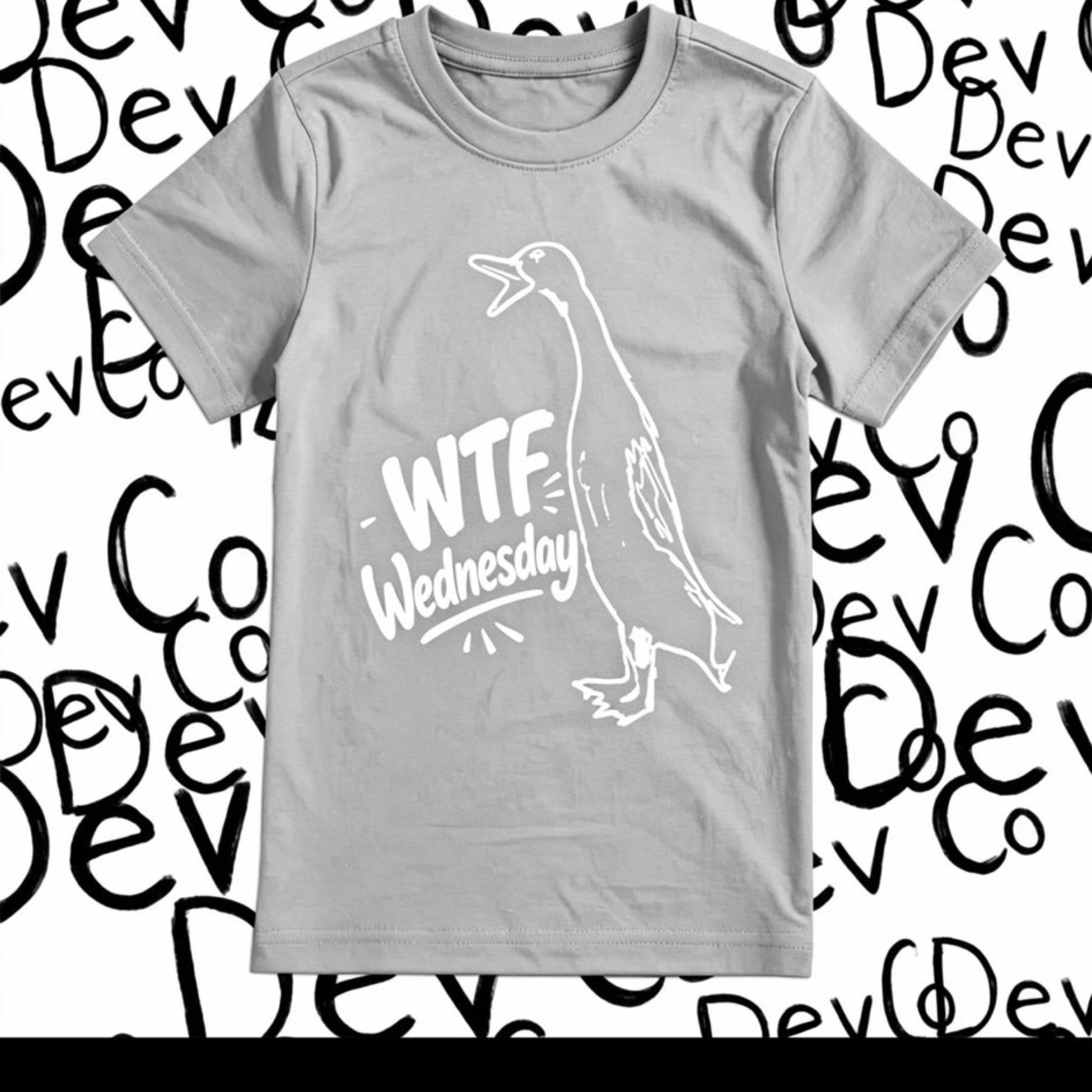 Dev co clothing light grey 100% organic cotton t-shirt with a white graphic of a duck and "WTF Wednesday" text.