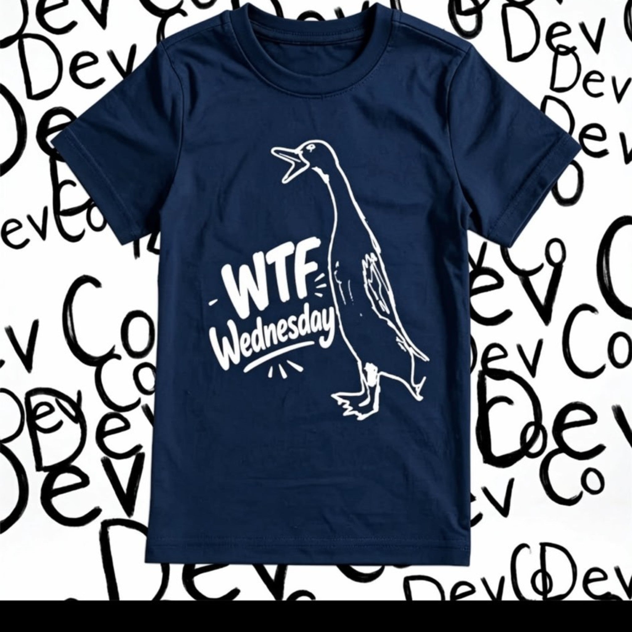 Dev co clothing navy blue 100% organic cotton t-shirt with a graphic of a duck and "WTF Wednesday" text.